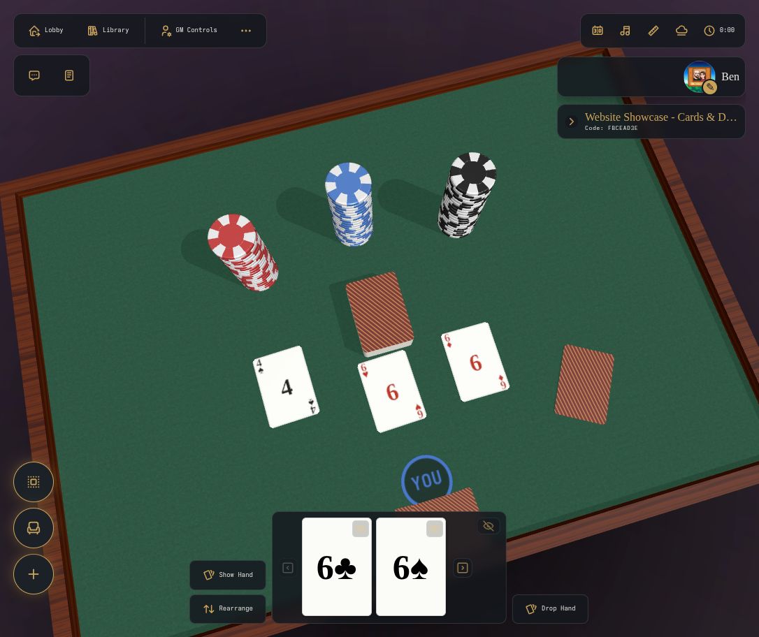 Cards, chip stacks and a private hand in a staged room