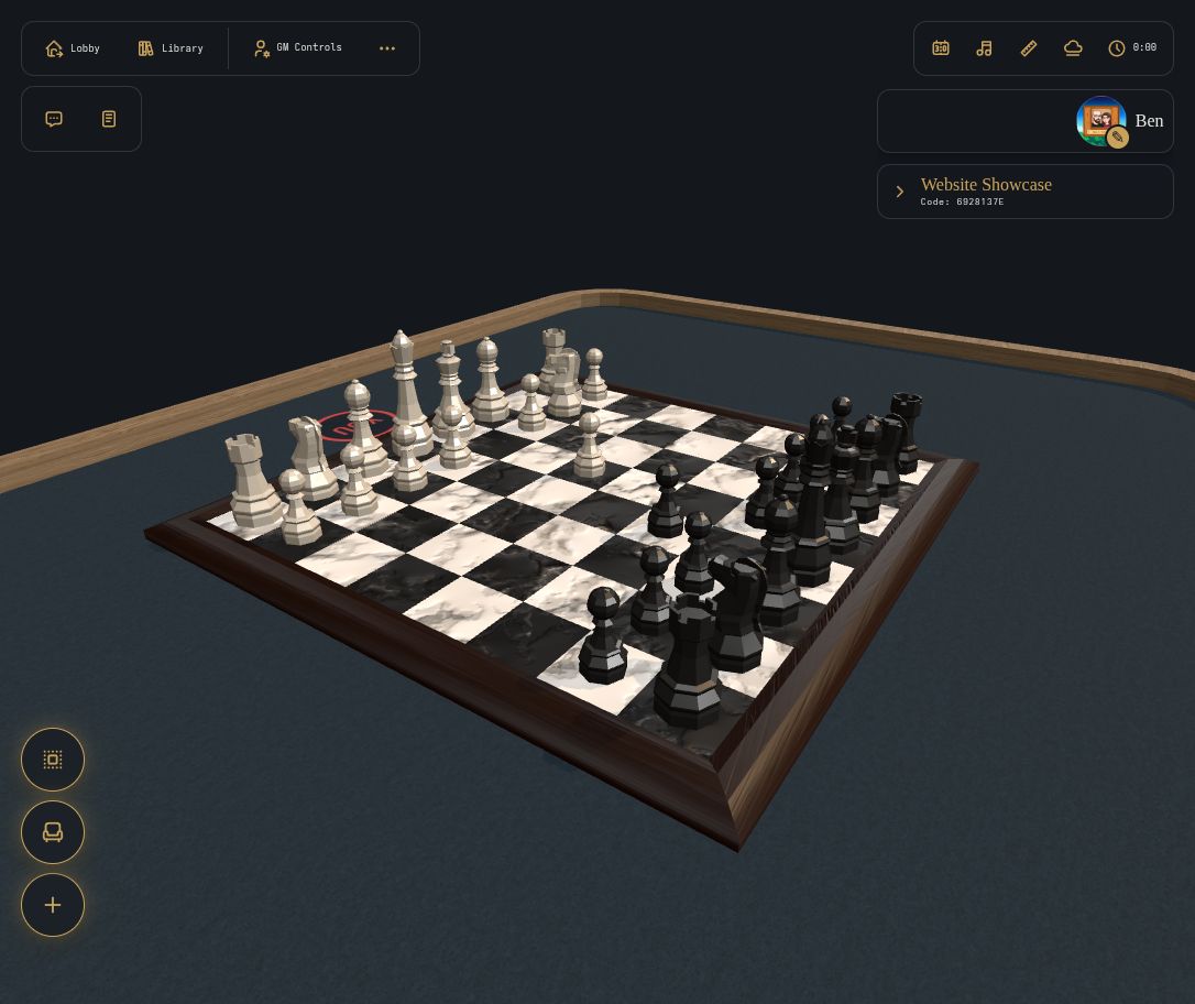 A staged chess game on a blue felt table in Open Tabletop