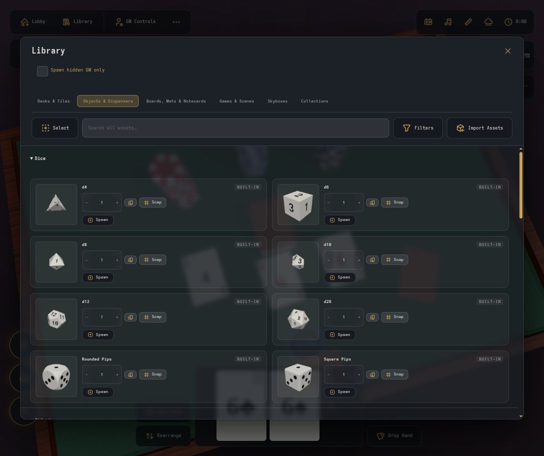The built-in dice and object library in Open Tabletop
